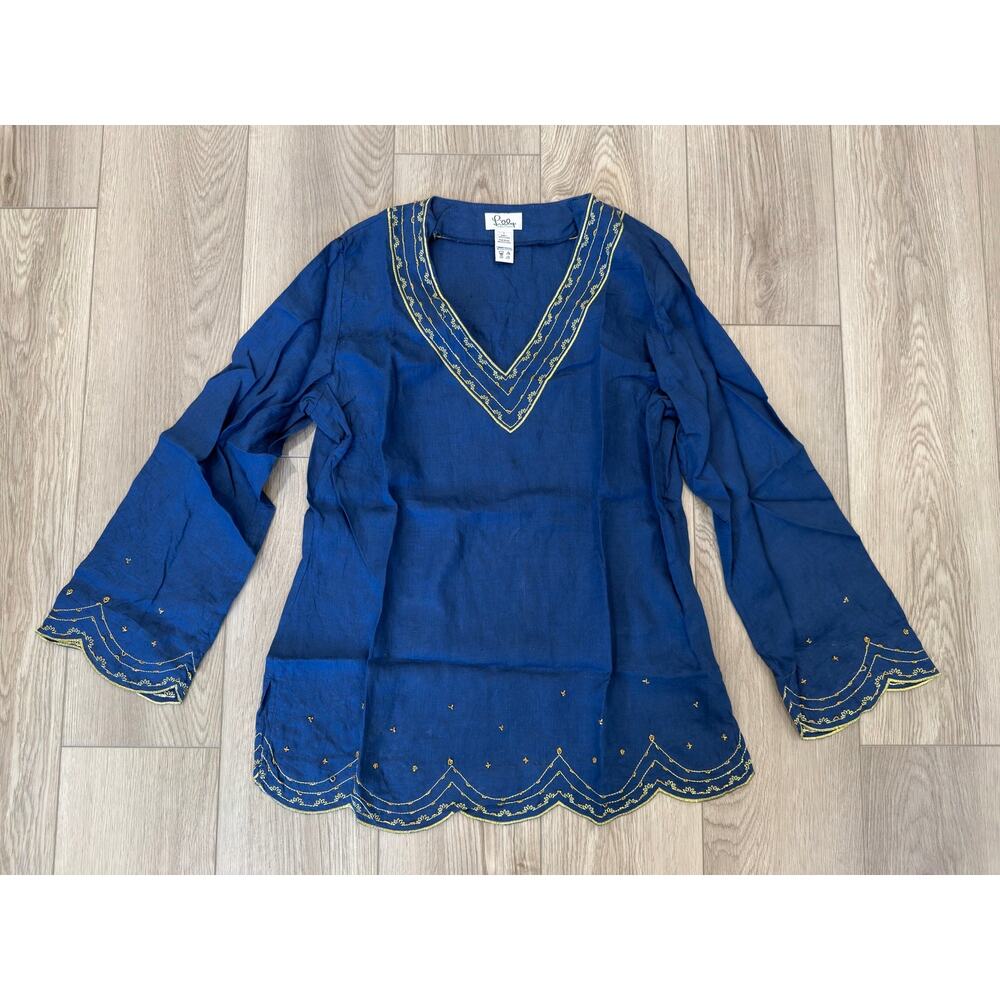 Lilly Pulitzer Beaded Boho 100% Linen Embroidered Blue Tunic Large